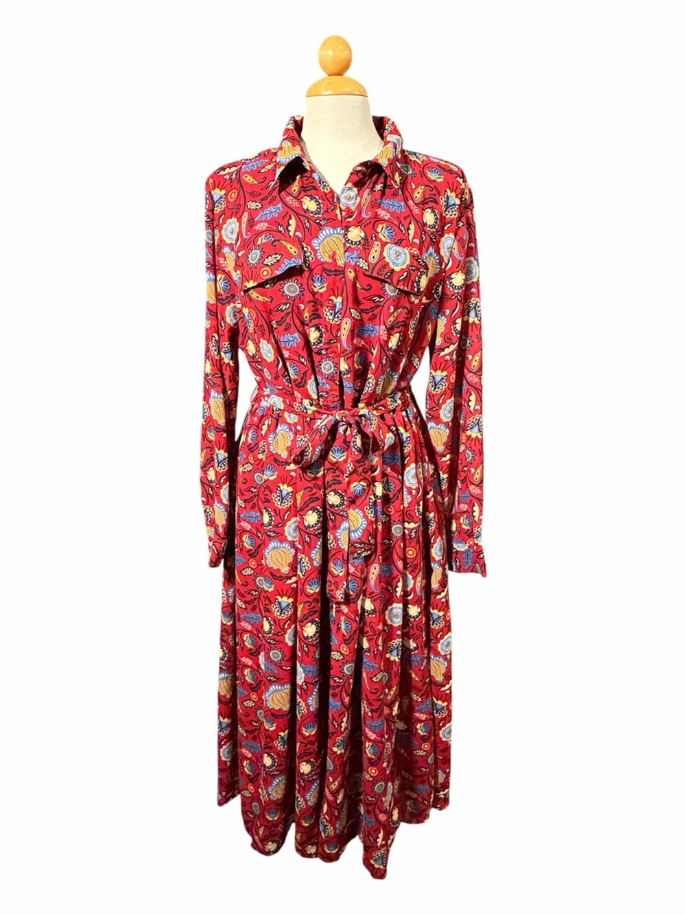 Red Paisley Midi Shirt Dress with Self Tie Waist